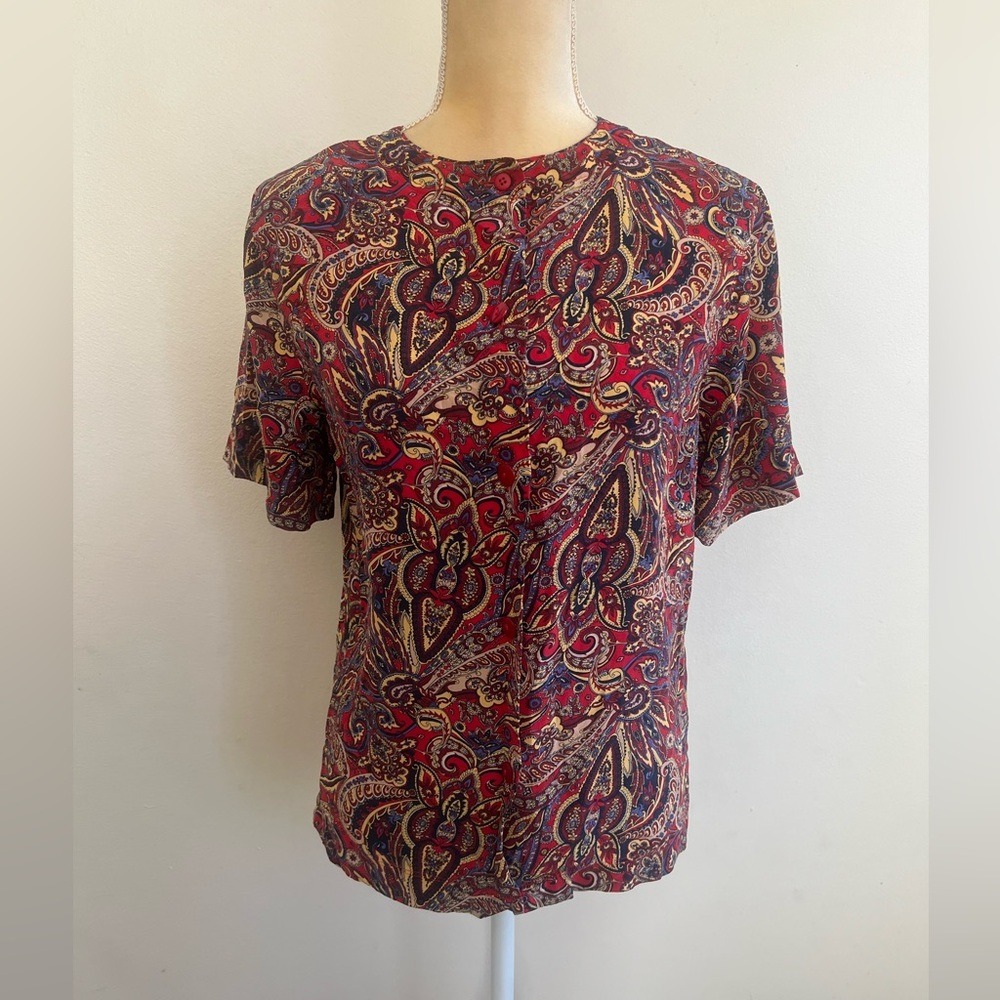 Jaclyn Smith 100% Silk Paisley Button Front Blouse Red Navy Gold Small RN 83421
